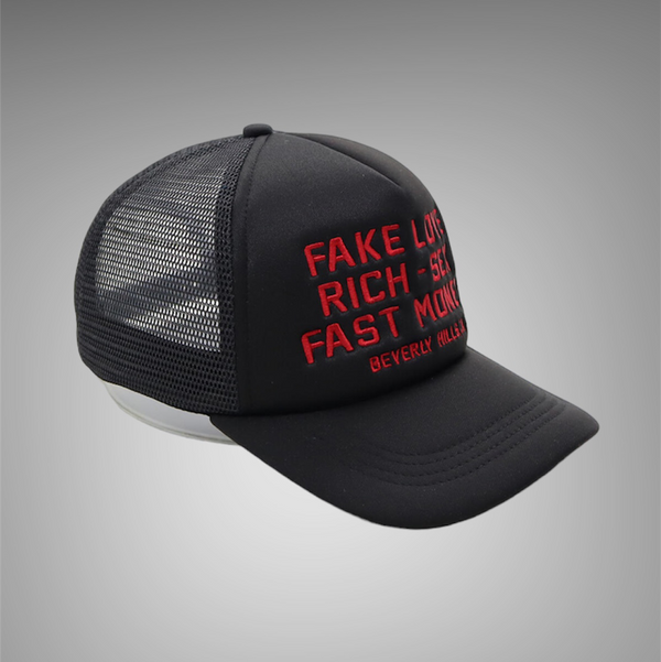 Homme Femme Fake Love Trucker Hat Black Red