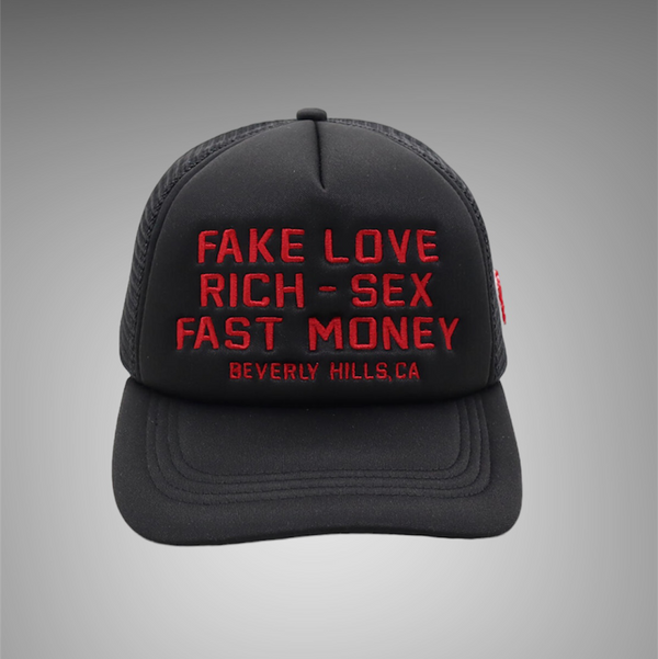 Homme Femme Fake Love Trucker Hat Black Red