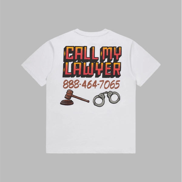 Market call my lawyer sign t-shirt q4 6oz with graphic screenprint White