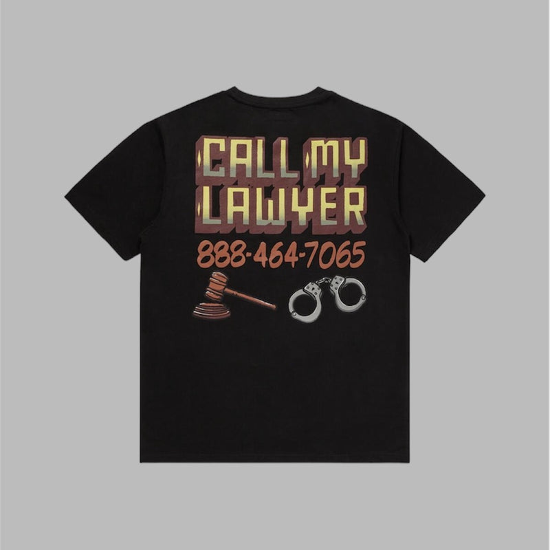 Market call my lawyer sign t-shirt q4 6oz with graphic screenprint Black